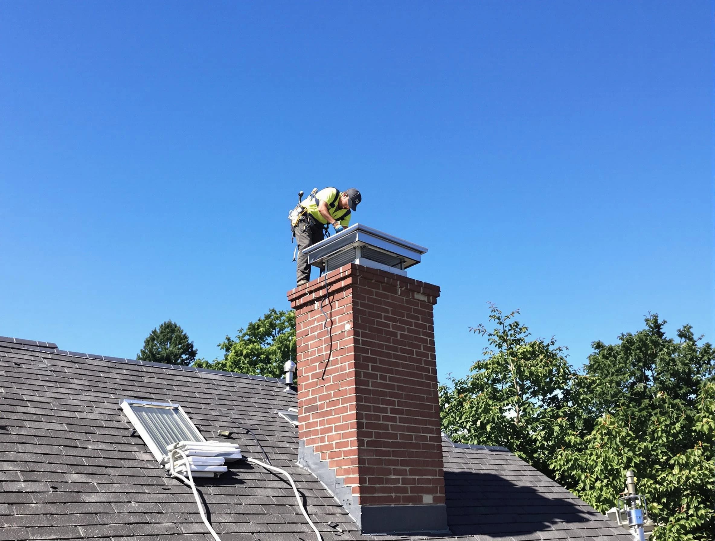 Aliquippa Chimney Sweep technician measuring a chimney cap in Aliquippa, PA
